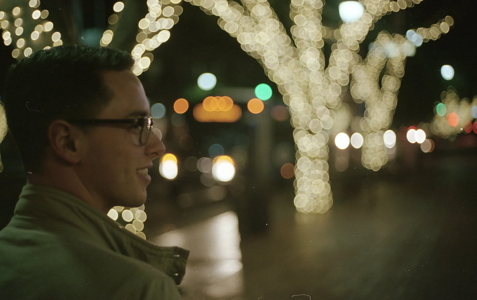 Profile beneath soft holiday lights.