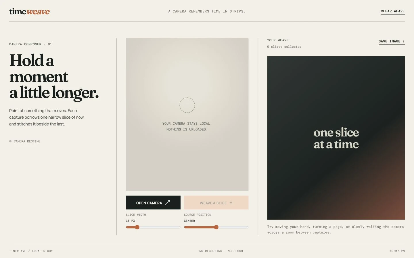 Timeweave’s prototype interface, with a video timeline and the prompt Hold a moment a little longer.