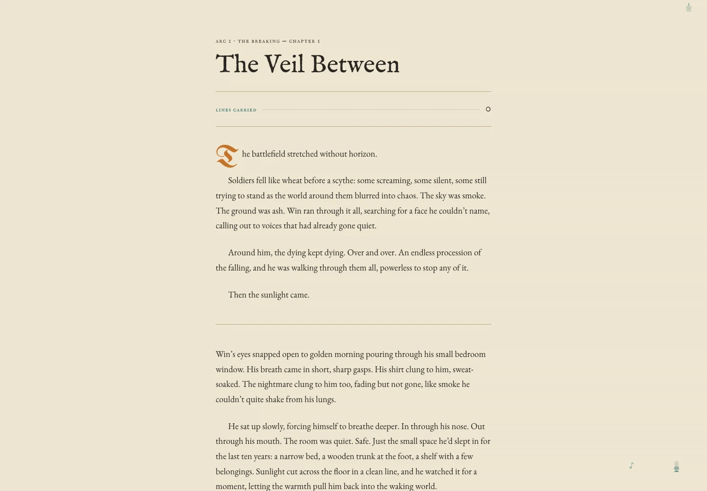 The opening of The Veil Between, chapter one of DEADBEARER, in its warm paper-textured web reader.