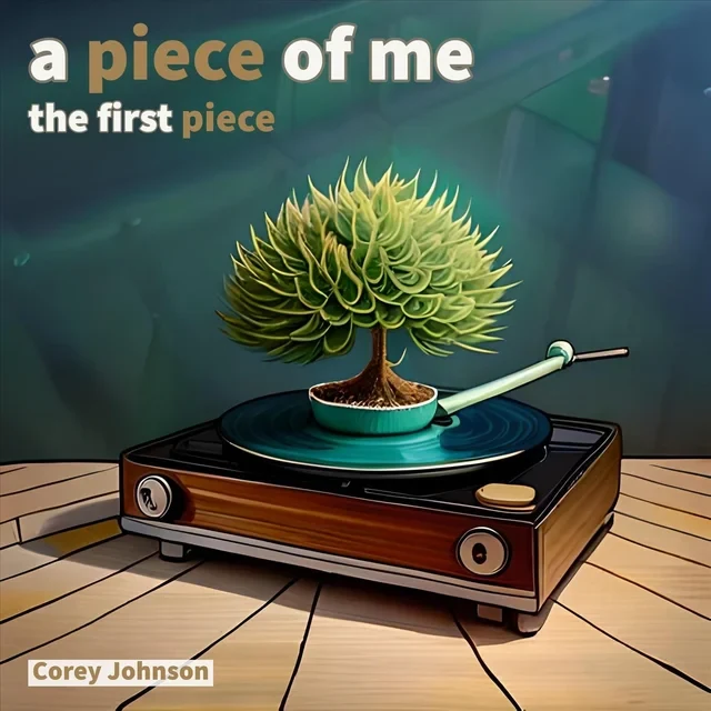 Cover of a piece of me: the first piece by Corey Johnson, with a tree growing from a record player.