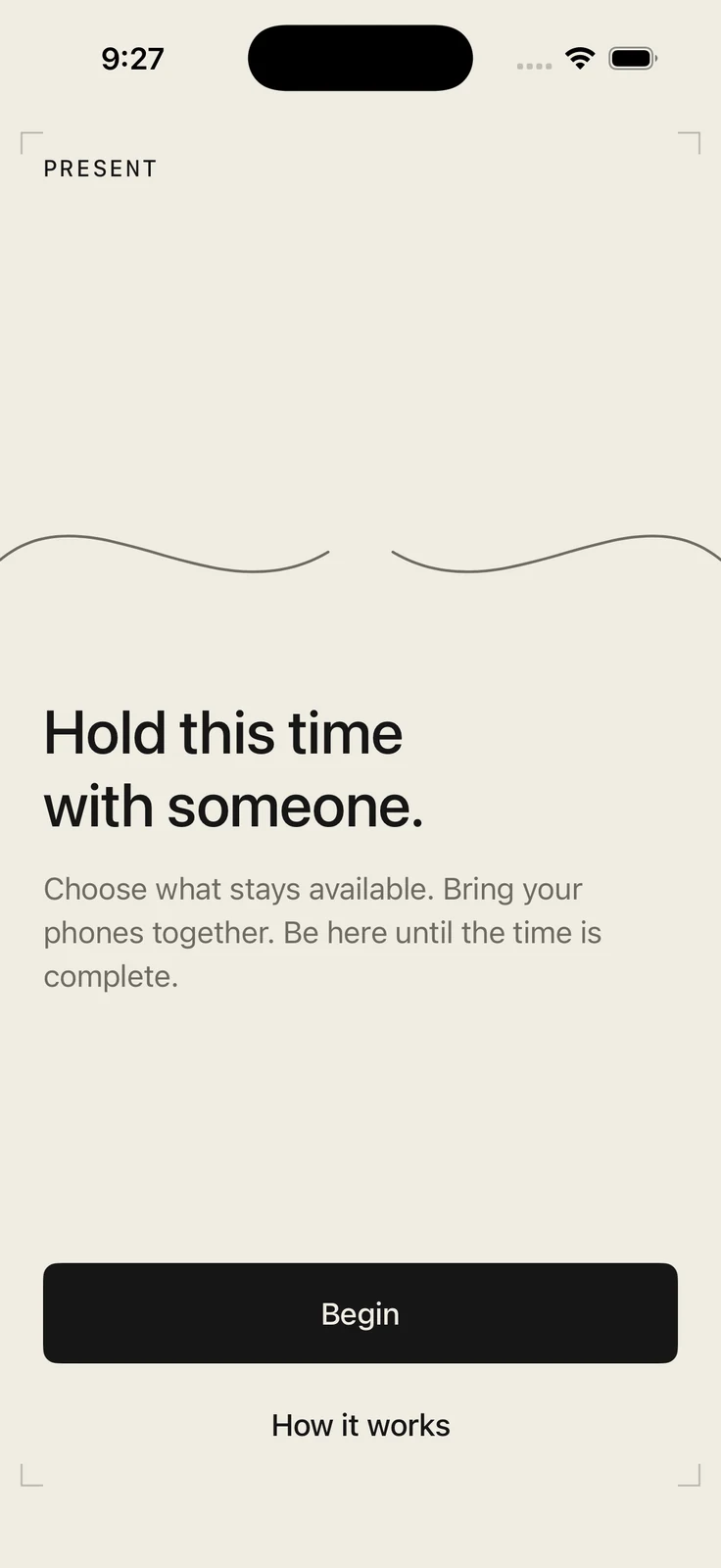 The preserved Present iPhone app opening screen, inviting two people to hold a period of time together.