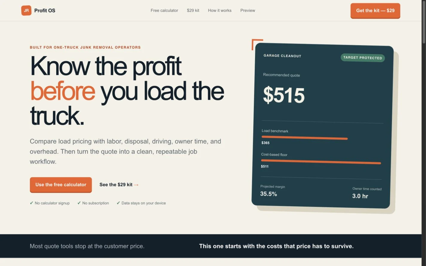 Profit OS prototype showing a sample garage cleanout price and margin calculation.