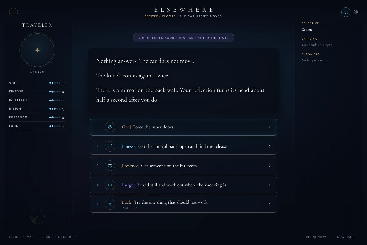 Elsewhere after a first choice, showing the Traveler’s attributes and five authored responses in a stalled elevator.