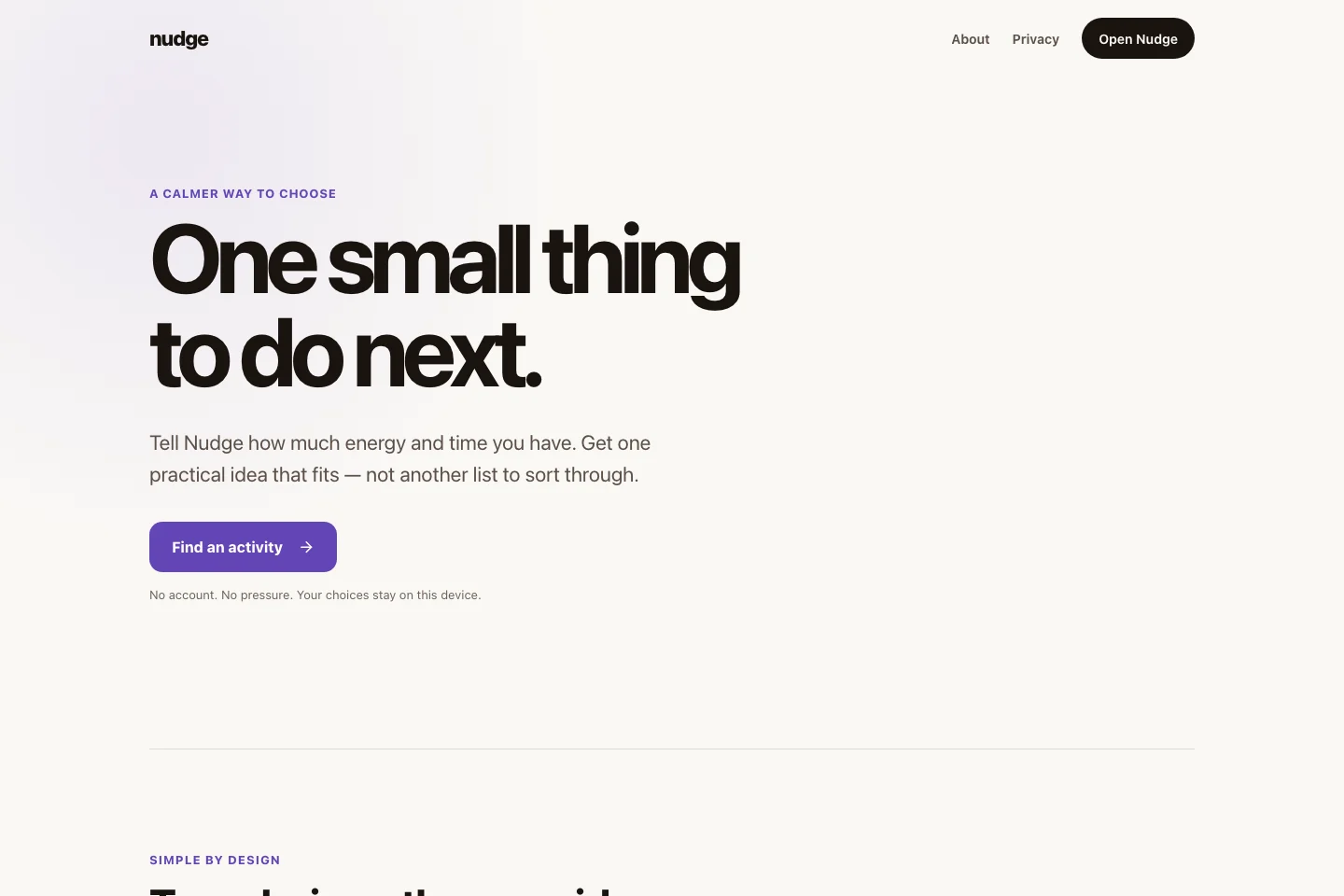 Nudge’s public homepage inviting the visitor to find one small activity.