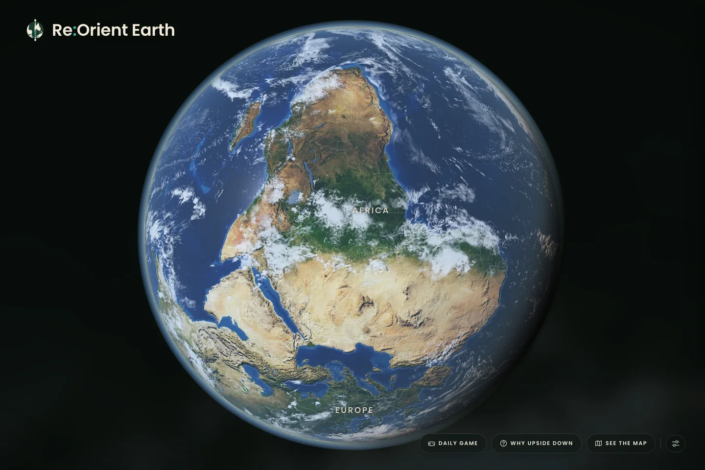 Re:Orient Earth’s interactive globe with south at the top, Africa facing the viewer, and map and game controls.