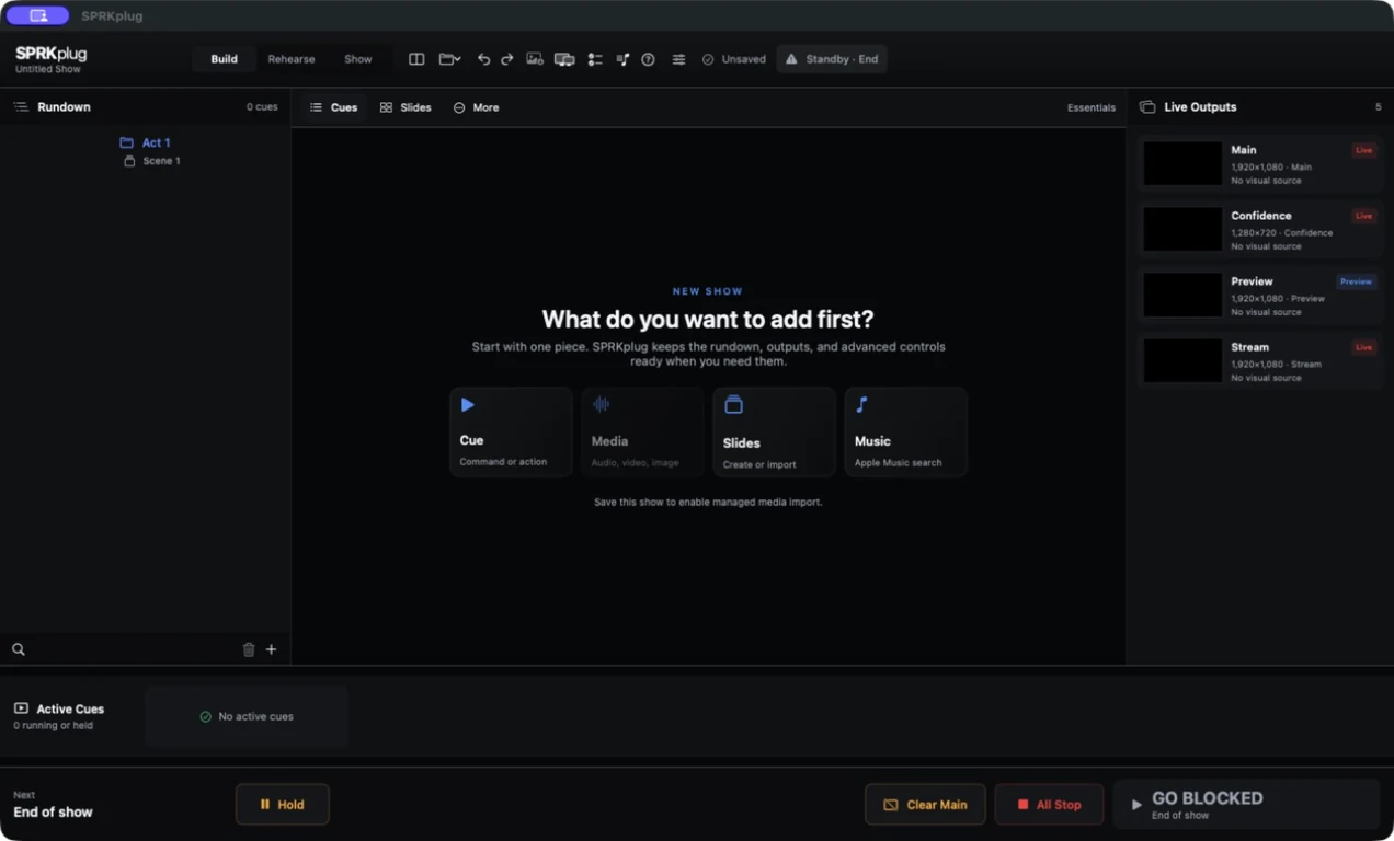 SPRKplug internal alpha showing its new-show setup and live output panels.