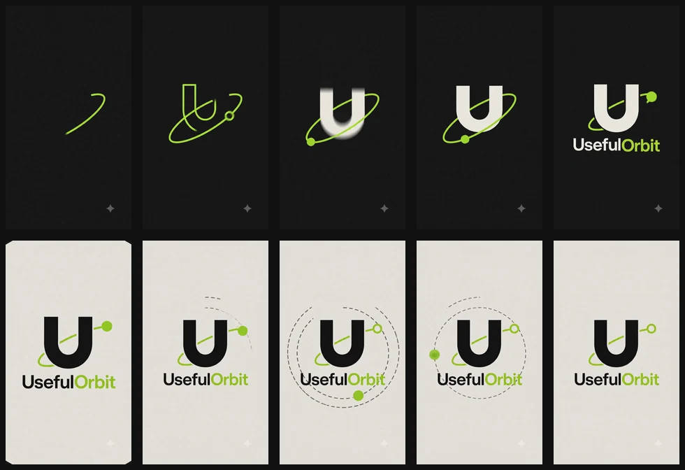 Ten frames of UsefulOrbit’s motion identity, moving from a traced green orbit to the completed black and white mark.
